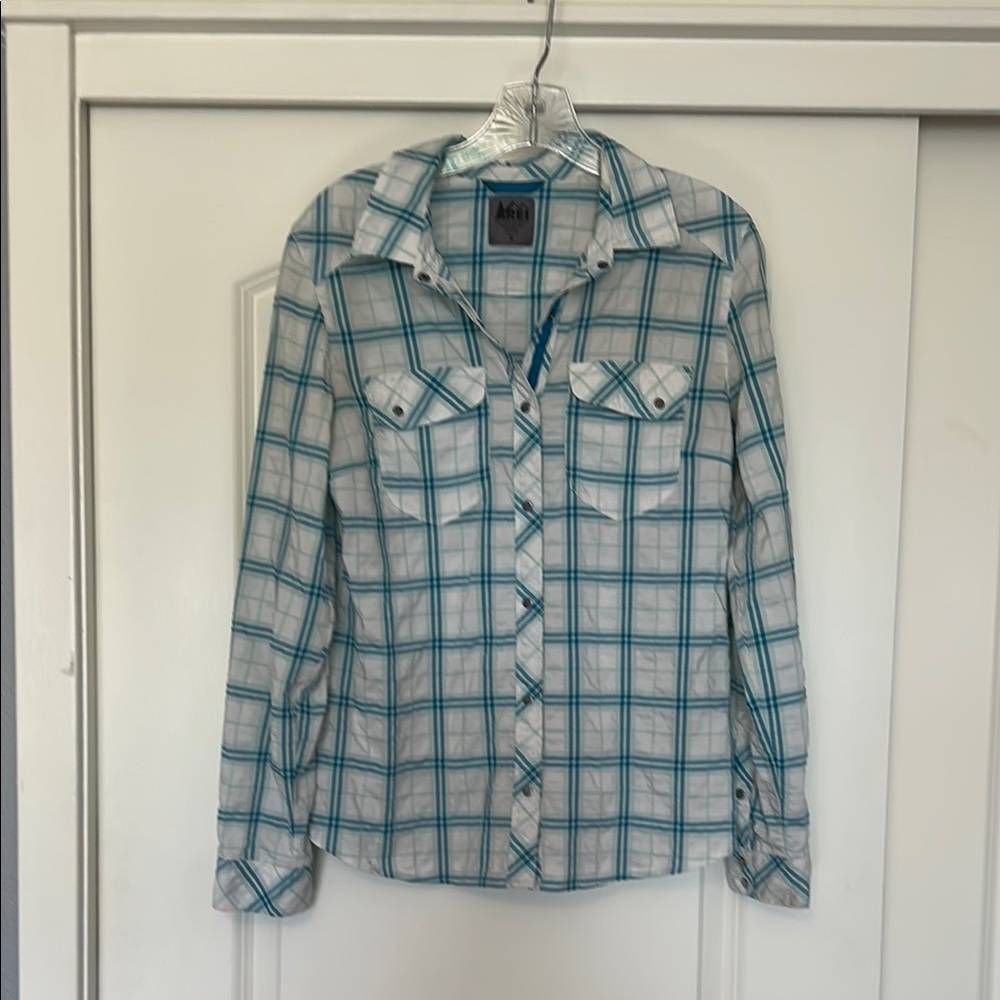 REI Blue Plaid Snap-Up Shirt